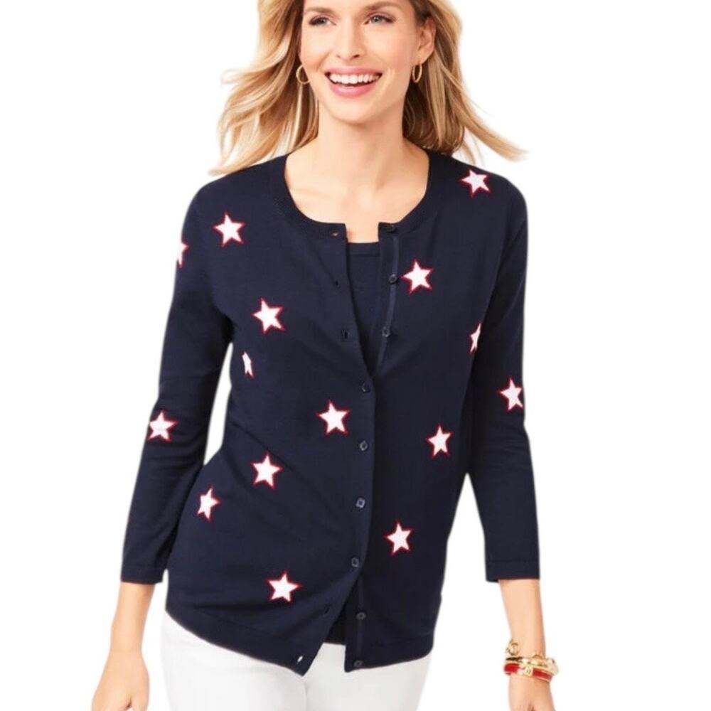 Talbots Charming‎ Navy Star Print Cardigan Womens M Patriotic Americana Preppy